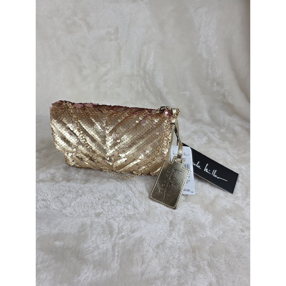 Nicole‎ Miller Gold Sequin Chevron Clutch Crossbody Chain Bag New With Tags
